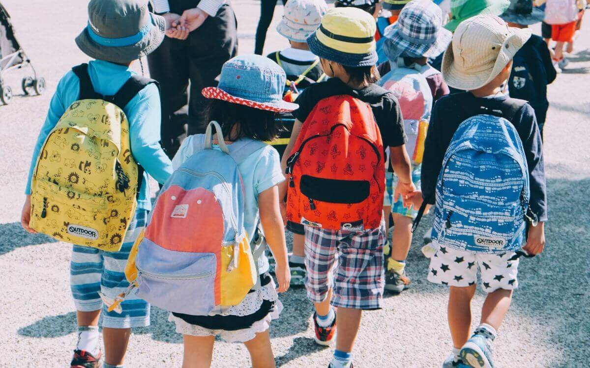 Group of children with schoolbags on their backs